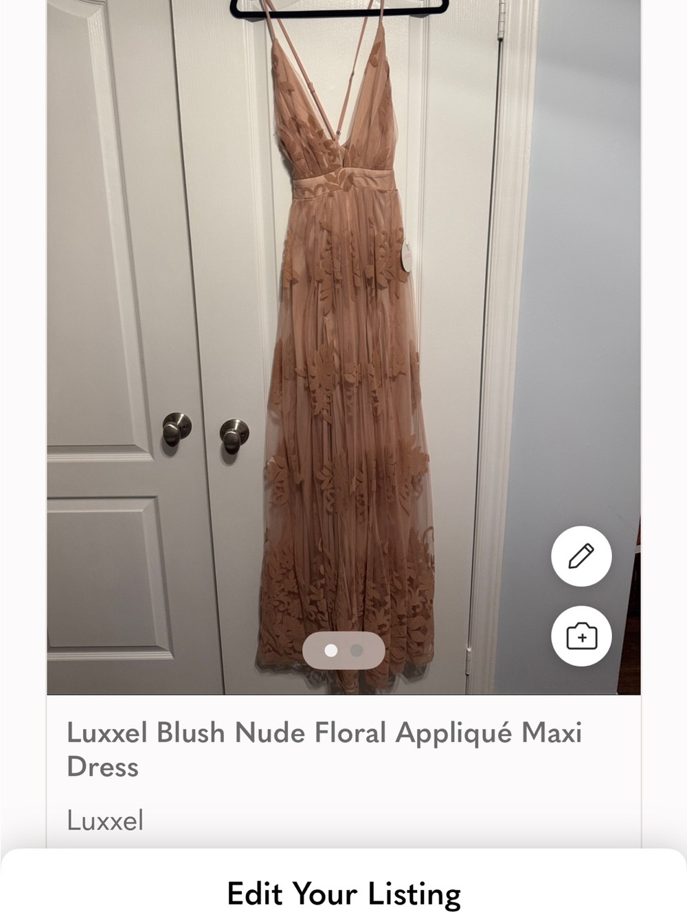 Luxxel Blush-Nude Floral Appliqué Maxi Dress
